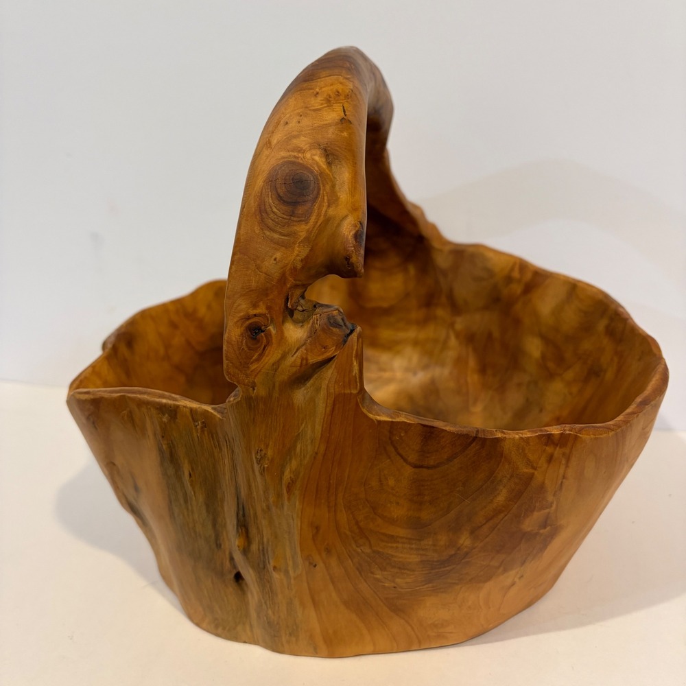 Hand Carved Root Wood Basket Brown Live Edge Rustic Decorative Bowl Handle - Picture 7 of 11